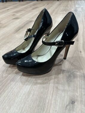 BCBGeneration Black Patent Mary Jane Platform Pumps with Ankle Strap